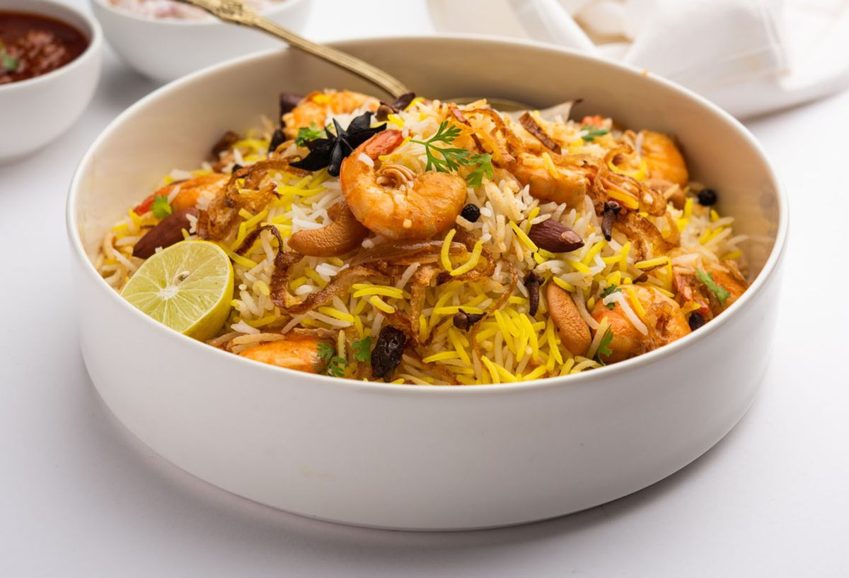 Delicious shrimp biryani dish in a bowl
